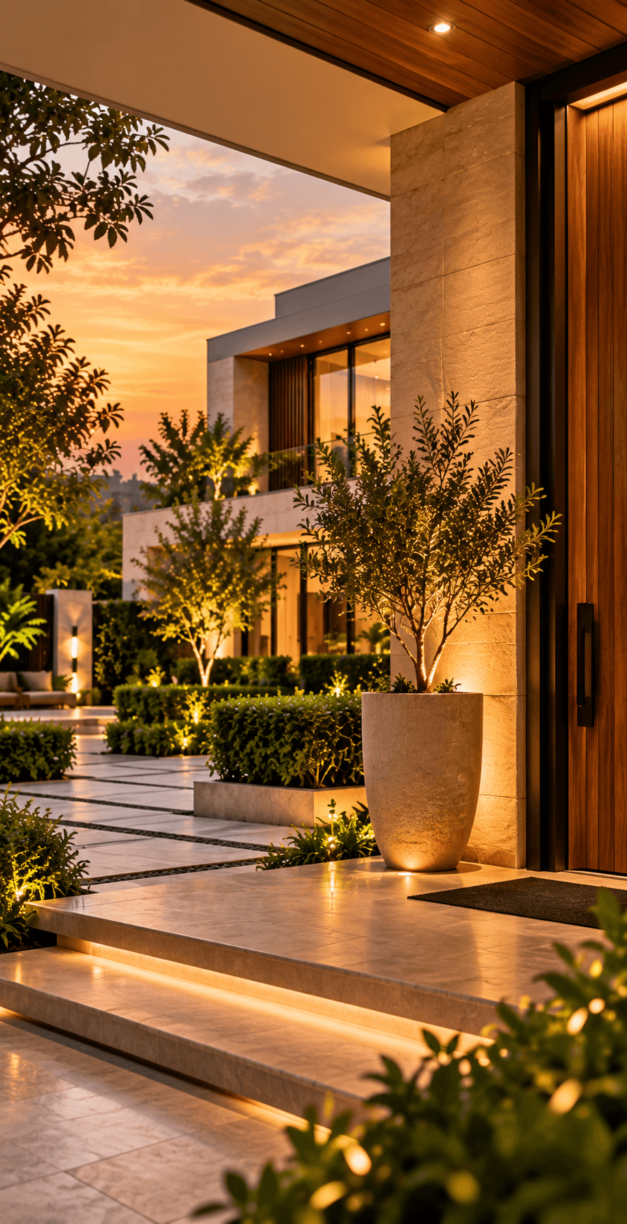 Stone entrance steps, a timber doorway and carefully lit planting at dusk.