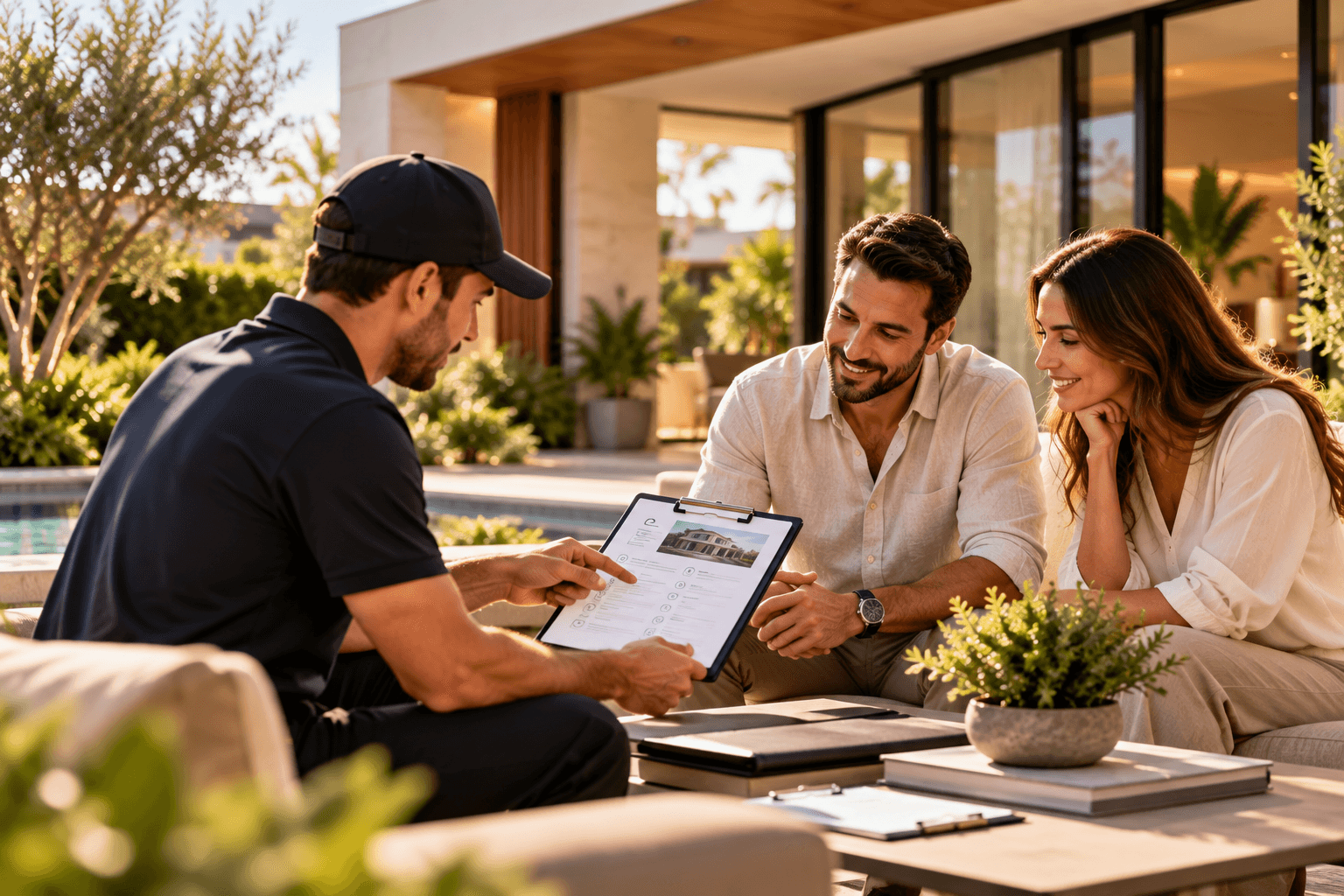 Illustrative consultation: three people review a property checklist together beside a pool.