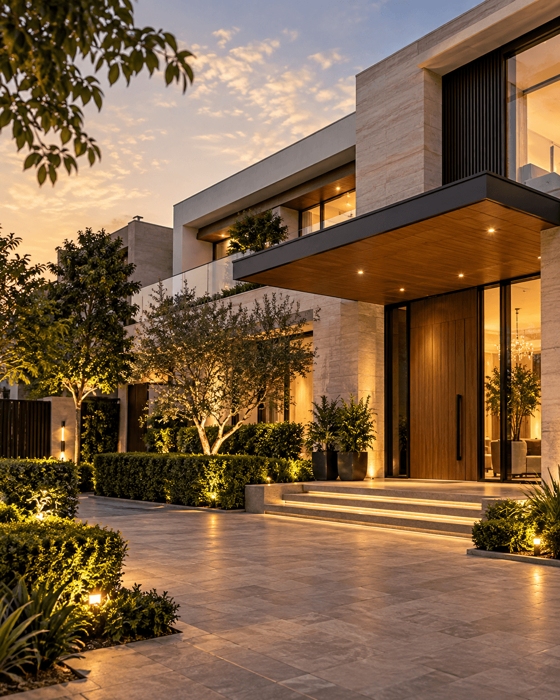 Landscaped entrance to a contemporary stone residence at dusk.