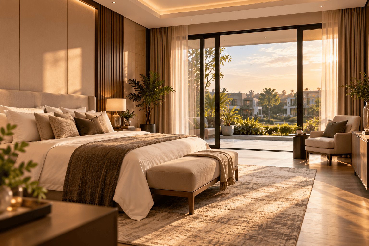 A prepared bedroom with an armchair and garden-facing glass doors.