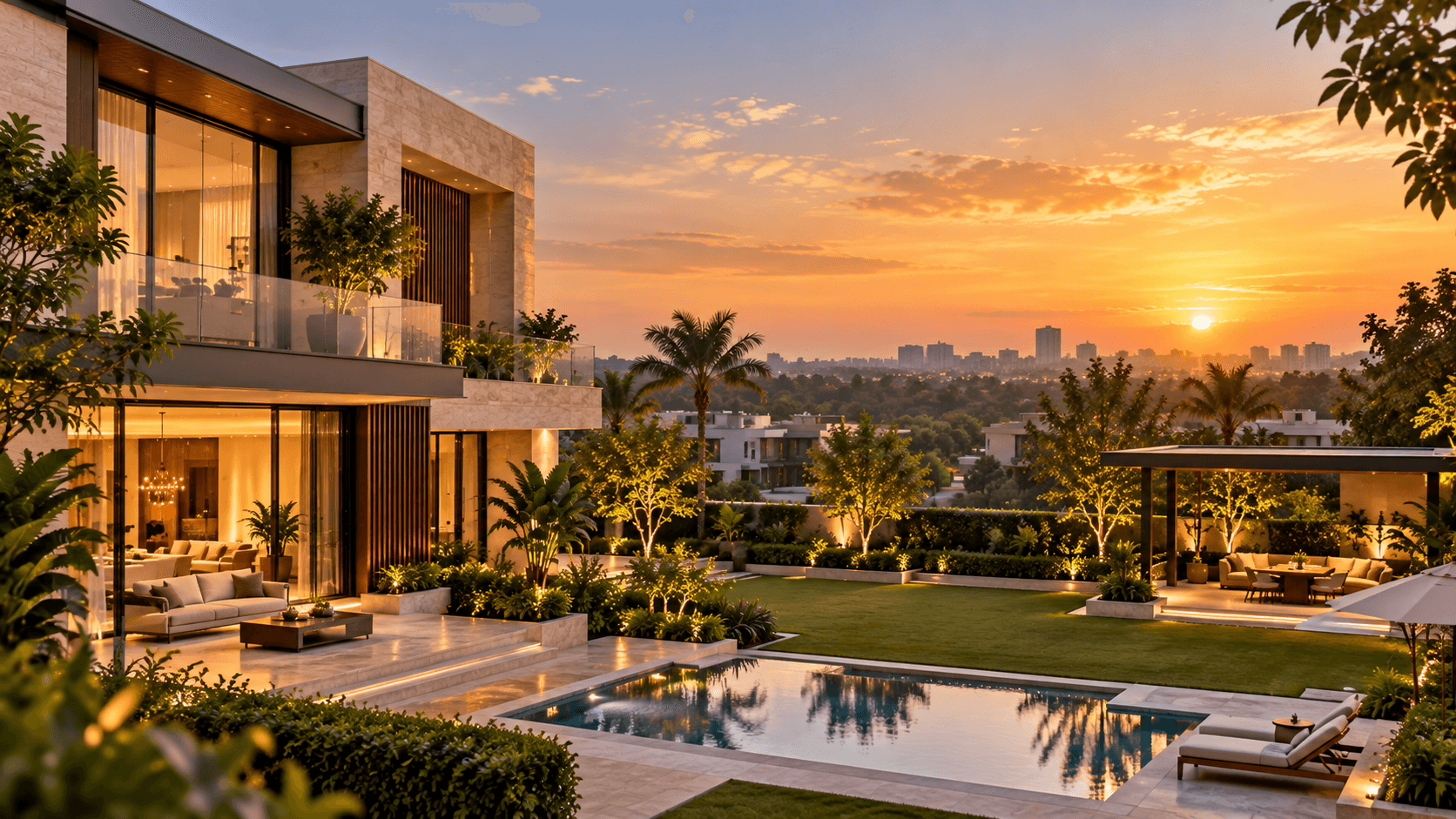 Residence overlooking a landscaped garden and swimming pool at sunset.