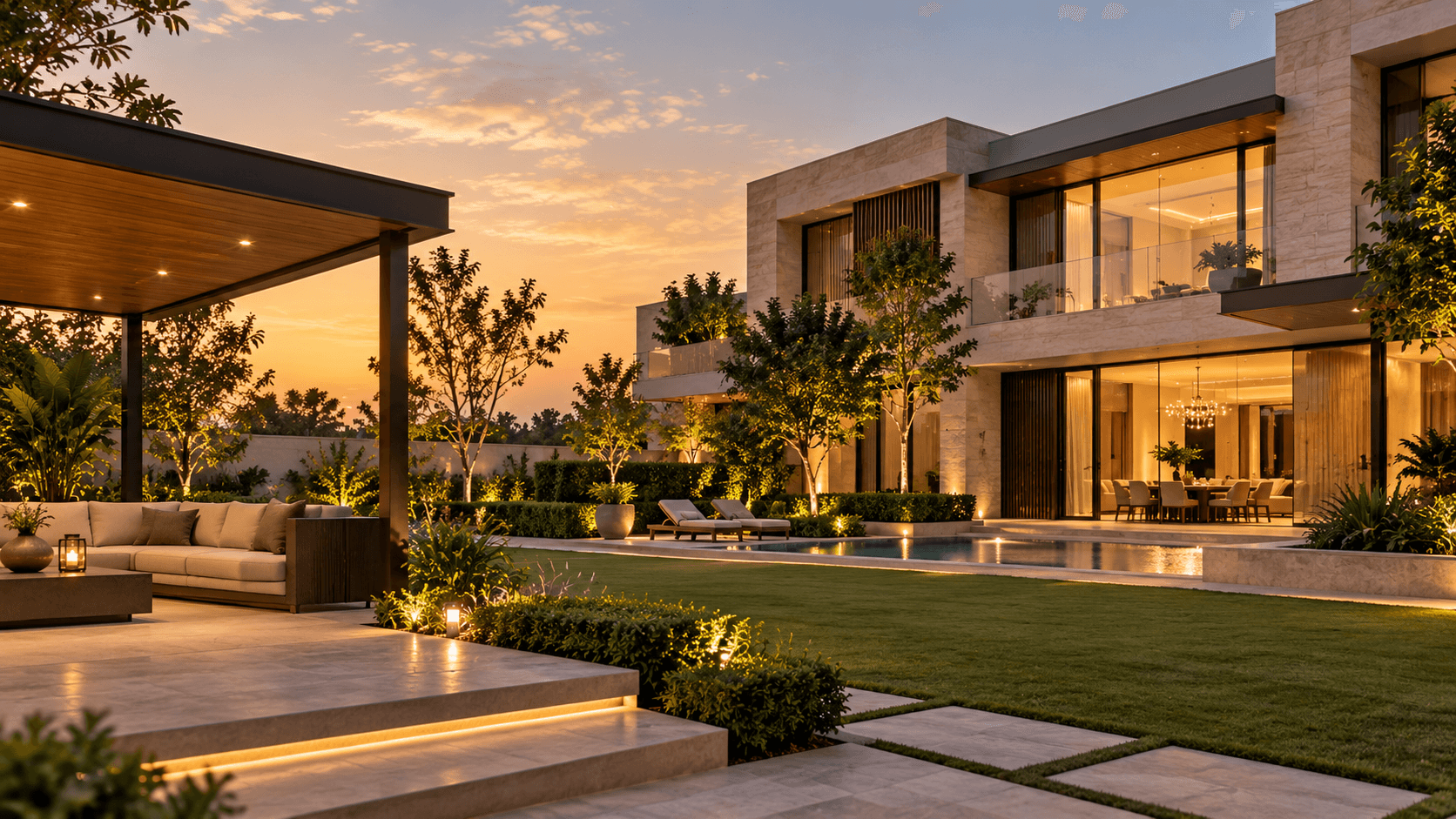 Contemporary residence with a pool, garden and sheltered outdoor seating at sunset.