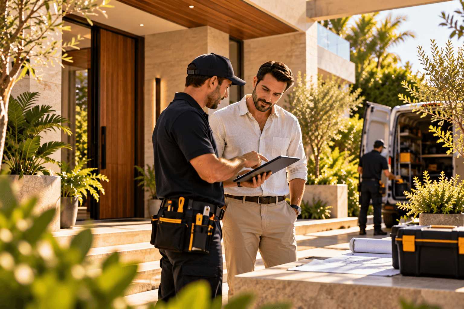 Illustrative coordination scene: two people review a tablet with tools and a service van nearby.